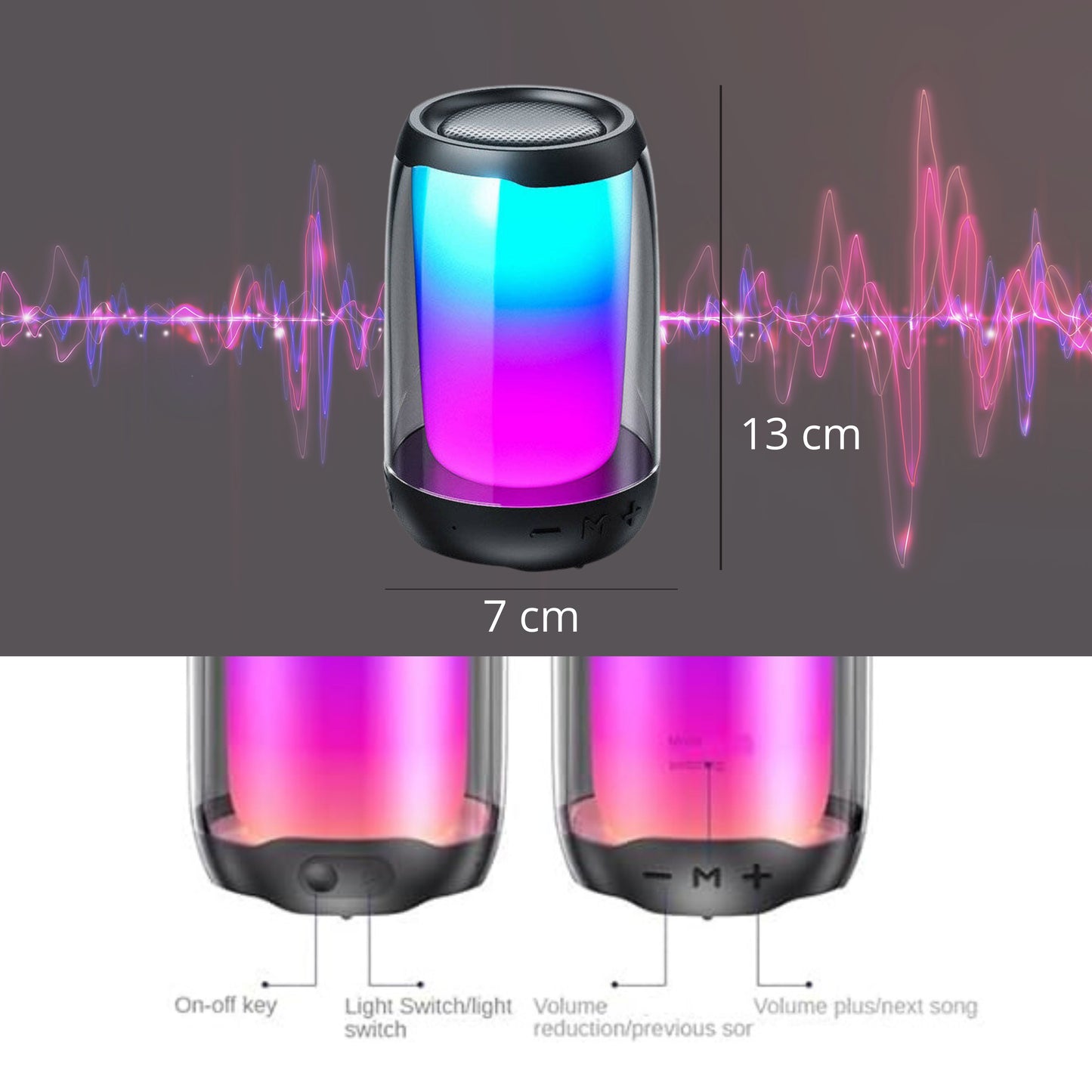 Grupo Gadmi Bocina Portátil Pulse 4 Mini Altavoz Inalámbrico, Bocina Bluetooth, Sonido Envolvente Cuerpo de acrílico Color RGB Resistente al Agua,Ideal Exteriores, Graves Profundos,radioFM