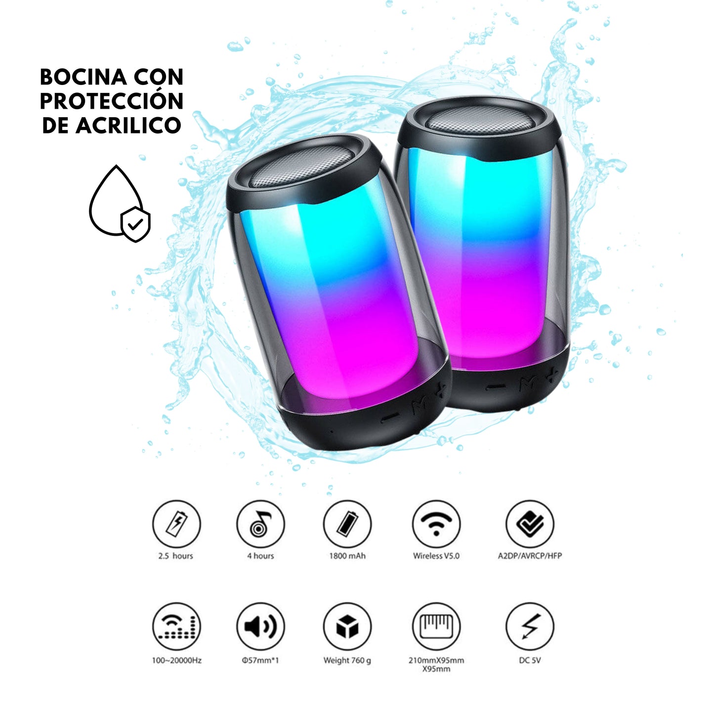 Grupo Gadmi Bocina Portátil Pulse 4 Mini Altavoz Inalámbrico, Bocina Bluetooth, Sonido Envolvente Cuerpo de acrílico Color RGB Resistente al Agua,Ideal Exteriores, Graves Profundos,radioFM