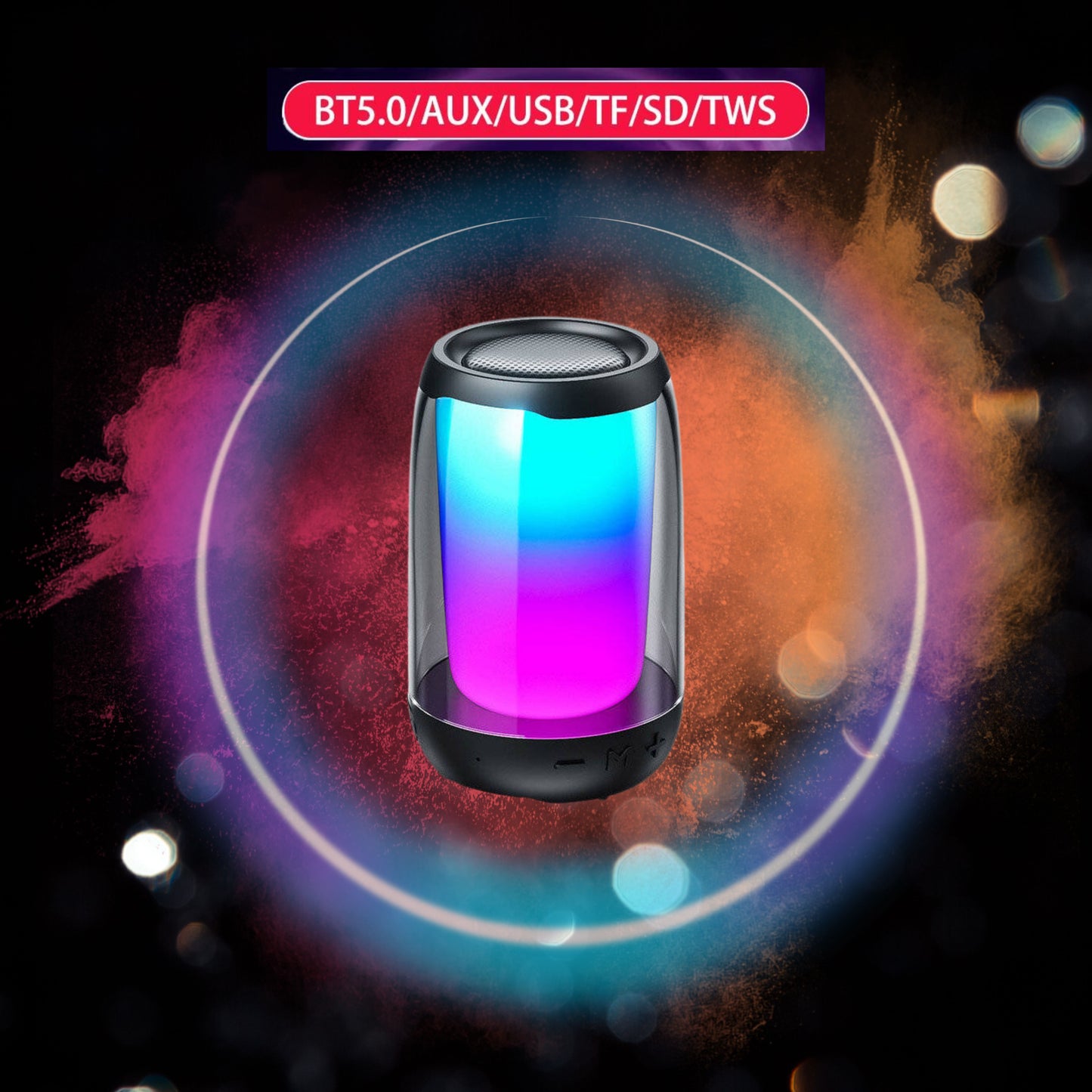 Grupo Gadmi Bocina Portátil Pulse 4 Mini Altavoz Inalámbrico, Bocina Bluetooth, Sonido Envolvente Cuerpo de acrílico Color RGB Resistente al Agua,Ideal Exteriores, Graves Profundos,radioFM