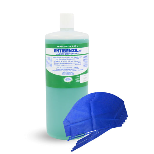 Jabón quirúrgico antibenzil 1lt benzal desinfectante antiséptico 1 litro verde y 5 gorros desechables quirúrgicos gratis